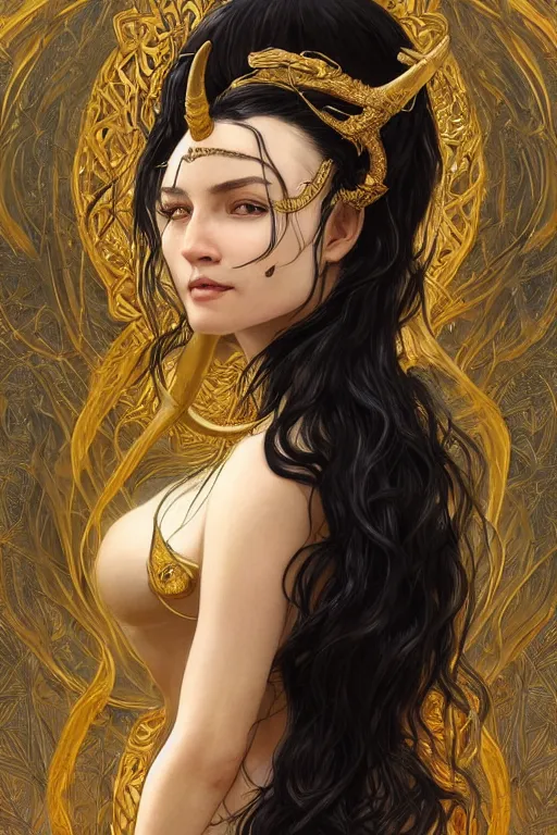 Image similar to fullbody!! of a beautiful woman with long black hair, big natural horns on her head, flowing intricate dress, gold jewellery, dnd, face, fantasy, intricate, elegant, highly detailed, digital painting, artstation, concept art, smooth, sharp focus, illustration, art by artgerm and greg rutkowski and alphonse mucha