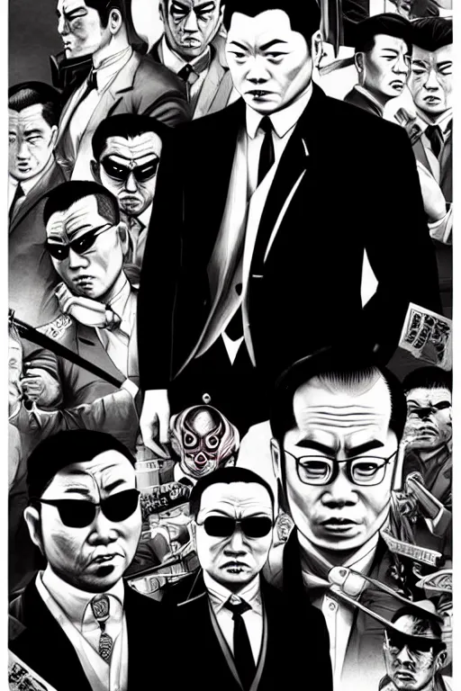 Image similar to chinnese mafia, with black suit, some of them have myth china tatto. digital art, concept art, pop art, bioshock art style, accurate, detailed, gta chinatown art style, dynamic, face features, body features, ultra realistic, smooth, sharp focus, art by richard hamilton and mimmo rottela