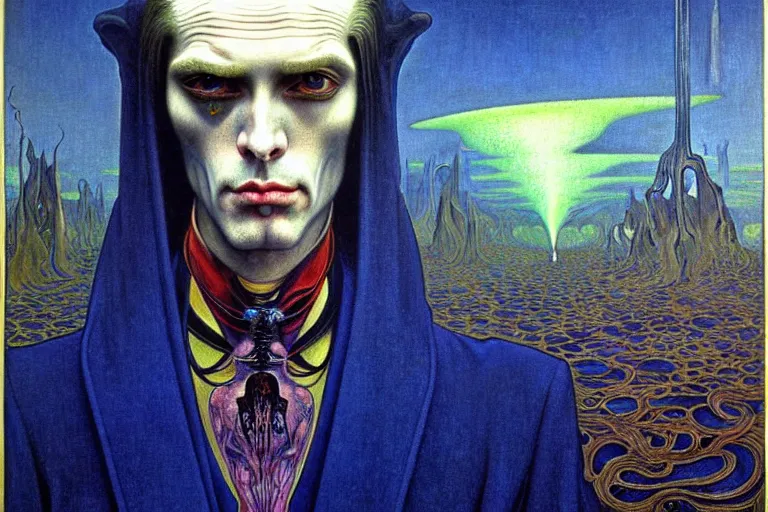 Image similar to realistic extremely detailed portrait painting of an elegantly creepy vampire man in cape, futuristic sci-fi landscape on background by Jean Delville, Amano, Yves Tanguy, Alphonse Mucha, Ernst Haeckel, Edward Robert Hughes, Roger Dean, rich moody colours, blue eyes