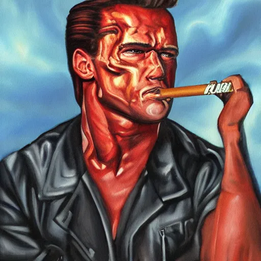 Prompt: A painting Arnold Schwarzenegger from terminator 1984 riding a skateboard smoking cigar, gloomy, portrait, ambient lighting,