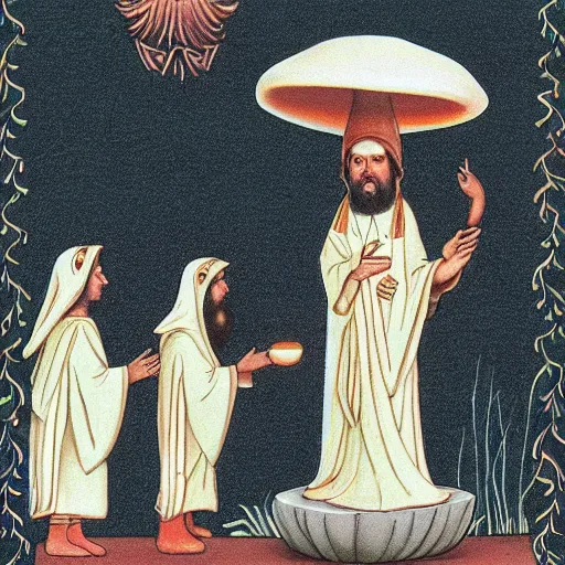 Image similar to acolytes worshipping glowing mushroom, orthodox image