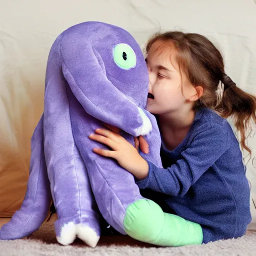 Prompt: a small girl hugging her plush Cthulhu in pajamas