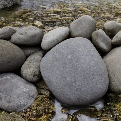 Image similar to detailed footage of european hunger stones in a river, photographic journalism, realistic, european river, carvings of drought and famine