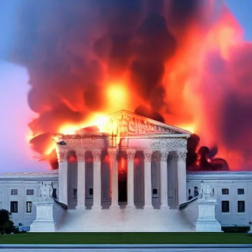 Image similar to Supreme court burning down photo, 8k hyperrealistic