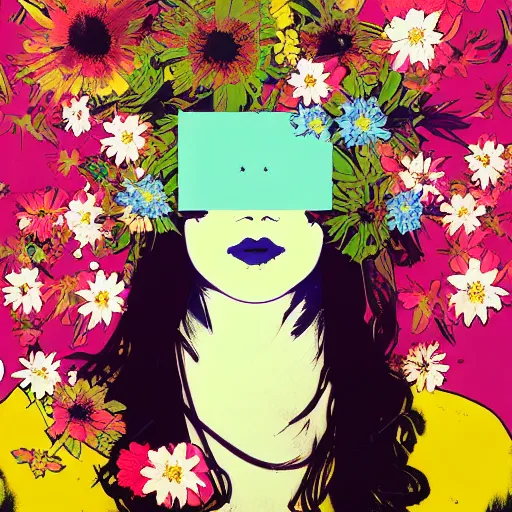 Image similar to a beautiful painting of a girl in a field of flowers with a helmet by andy warhol and conrad roset and alphonse mucha and nekro. in style of digital art. colorful comic, film noirs, symmetry, sharp lines, hyper detailed. octane render. trending on artstation