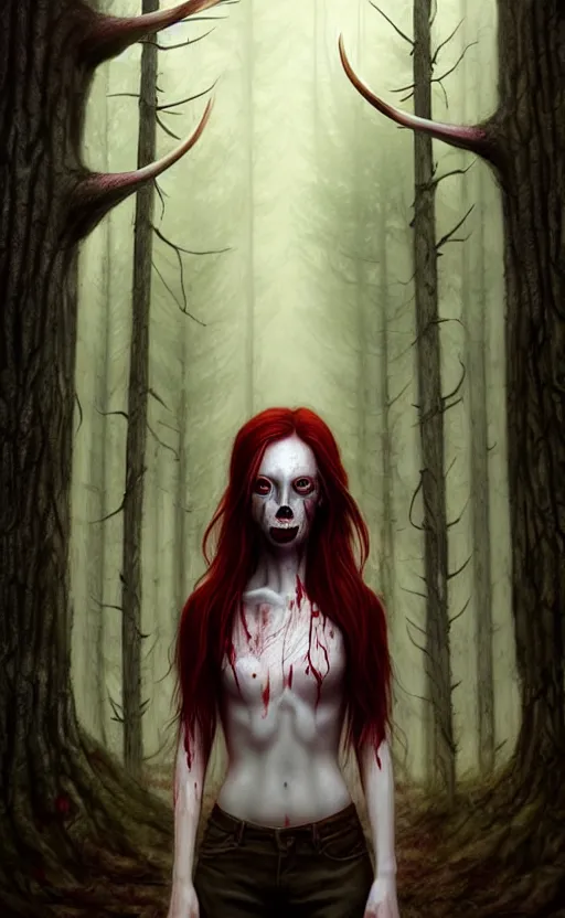 Prompt: surrounded by trees, realistic character concept, gorgeous Kacey Rohl, red hair, small freckles, Wendigo creature antlers deer skull face, symmetrical face, symmetrical eyes, full body, covered in blood, dark forest, trees, shorter neck, cinematic lighting, Joshua Middleton and artgerm, fear anxiety terror