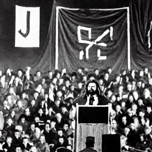 Prompt: photograph of Jesus holding a speech at a communist rally, black and white, on stage, banners with hammer and sickle in background,