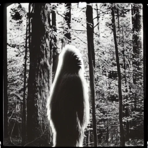 Prompt: 80s polaroid photo of bigfoot in the woods, profile view, very grainy, overexposed, candid flash photography