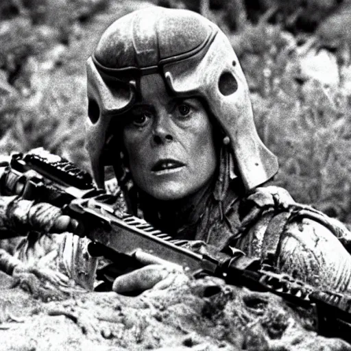 Prompt: film still of sigourney weaver as major dutch, covered in mud, holding an assault rifle, hiding behind a rock and watching the predator, predator 1 9 8 7, hd, 8 k