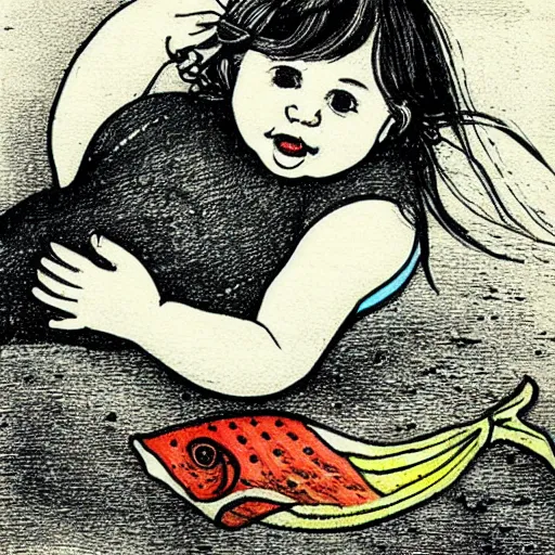 Image similar to the same style. the most beautiful little fat sweet girl is kissing a huge colorful cute fish. modern etching. colored print. hype realistic scene.