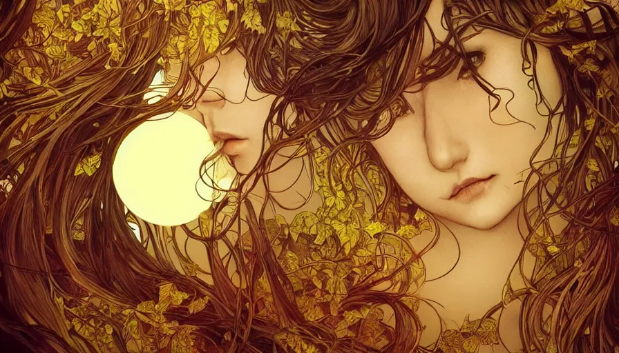 Image similar to golden leaves at frame border, moon, creative!!! composition for a book cover!!!, absurdly beautiful, ultrafine hyperrealistic detailed old!! witch face by wlop and artgerm and alphonse mucha, intricate linework, sharp focus, smooth, octopath traveler, final fantasy, unreal engine, dramatic lighting, ethereal, 8 k