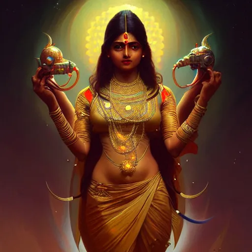 Image similar to futuristic lakshmi, sci-fi, fantasy, intricate, elegant, attractive, indian goddess, highly detailed, digital painting, artstation, concept art, smooth, sharp focus, illustration, art by artgerm and greg rutkowski and Raja ravi verma and alphonse mucha