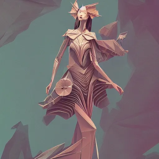 Prompt: 3 / 4 view of a beautiful girl wearing an origami!! dress, ground - level medium shot, elegant, by eiko ishioka, givenchy, philippe druillet, by peter mohrbacher, centered, fresh colors, origami, fashion, detailed illustration, vogue, high depth of field, japanese, reallusion character creator