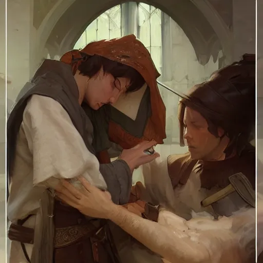 Prompt: A cleric tending to a fighter's wounds, fantasy, D&D, digital painting, detailed, artstation, Krenz Cushart, Greg Rutkowski, Alphonse Mucha, Artgerm