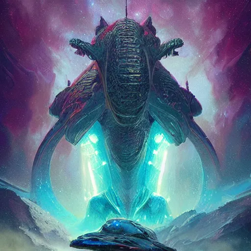 Image similar to matte digital artwork of the galactic beast, iridescent scales, by greg rutkowski and tim white