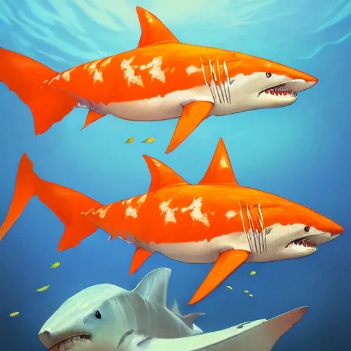 Prompt: great white shark, orange and white striped traffic cones as fins, underwater background detailed atmospheric - ron cheng & alphonse mucha, highly detailed, digital painting, ray tracing, concept art, illustration, smooth sharp focus, intricate, symmetry, artstation,