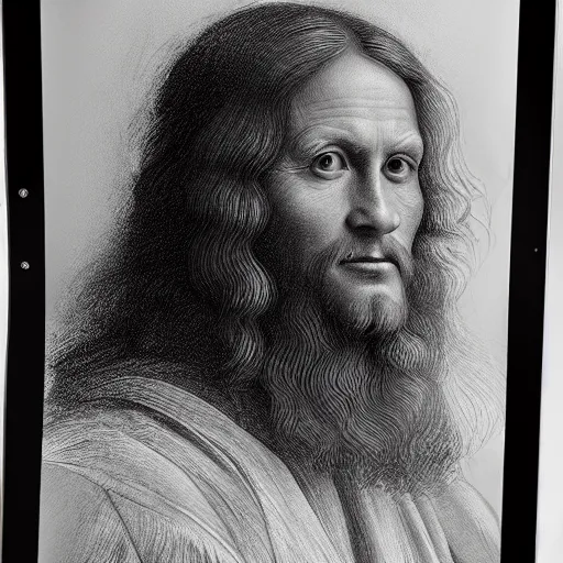 Image similar to realistic photo portrait of a man using an ipad, looking like leonardo da vinci, volumetric lights, trending on artstation, studio photo, intricate details, highly detailed