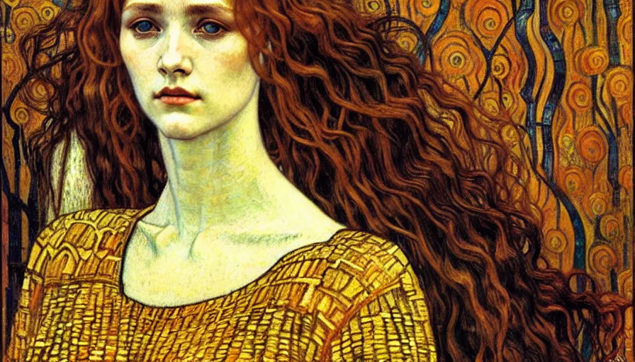 Image similar to detailed realistic beautiful young medieval queen face portrait by jean delville, gustav klimt and vincent van gogh, art nouveau, symbolist, visionary, gothic, pre - raphaelite, muted earthy colors, desaturated