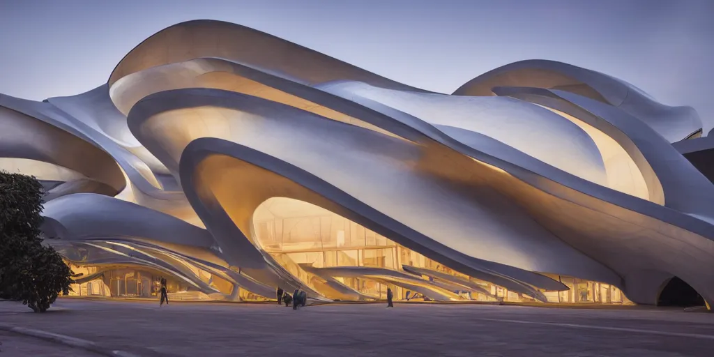 Prompt: extremely elegant smooth detailed stunning sophisticated beautiful elegant futuristic museum exterior by Zaha Hadid, smooth curvilinear design, stunning volumetric light, stainless steal, concrete, translucent material, beautiful sunset, tail lights