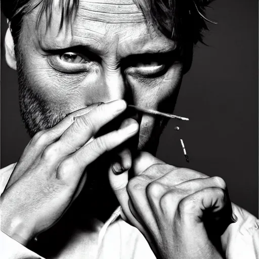 Prompt: Mads Mikkelsen smoking cigarette, looking sideway, epic smoking, cigarette between fingers, thoughtful, suspense, portrait black and white, masculine, virile, real hand, five fingers