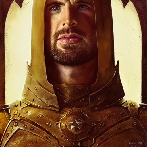 Prompt: half length portrait of chris evans as a martial cleric in plate armor, morningstar, d & d, medieval, fantasy, greg rutkowski, frank frazetta, alexandre chaudret, boris vallejo, michael whelan, miro petrov, hr giger