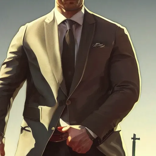 Image similar to Henry Cavill wearing a suit as a grand theft auto 5 loading screen, athletic , gorgeous, muscular, intricate, highly detailed, digital painting, artstation, concept art, sharp focus, illustration, art by greg rutkowski and alphonse mucha