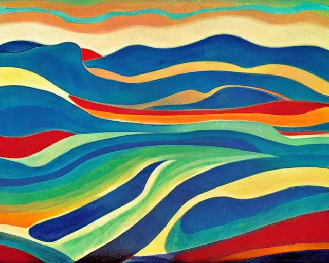 Image similar to A wild, insane, modernist landscape painting. Wild energy patterns rippling in all directions. Curves, organic, zig-zags. Saturated color. Mountains. Clouds. Rushing water. Wayne Thiebaud. Edvard Munch. Zao Wou-ki.