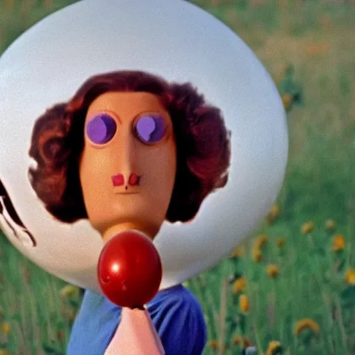 Image similar to glamorous woman with an inflatable spherical prosthetic nose, cardboard googly eyes, 1 9 7 5, color, tarkovsky, medium - shot 1 6 mm film, in meadow