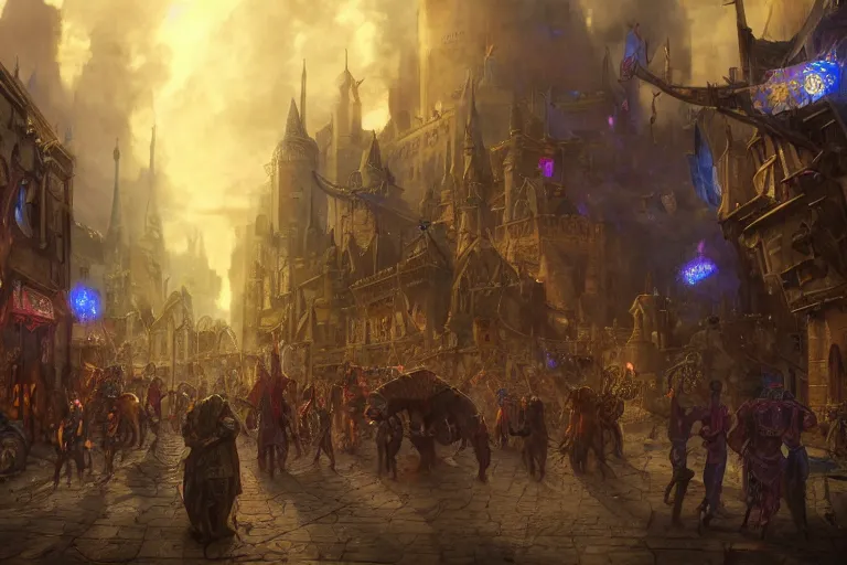 Image similar to an intricate colorful matte painting of An epic stronghold crusader screenshot of bustling city street with festival going on, on the back of a gigantic triceratops, highly detailed iridescent dimly lit exterior with shafts of iridescent light bouncing off magical realms, by Christophe Vacher and Bastien Lecouffe-Deharme, trending on artstation