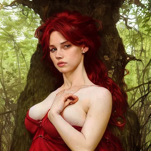 Image similar to portrait of a woman resting on large tree, skimpy dark red clothing, blonde hair, green lines, sharp focus, intricate, cinematic lighting, smooth, ultra realistic illustration, high fantasy, elegant, by artgerm, greg rutkowski, alphonse mucha magali villeneuve