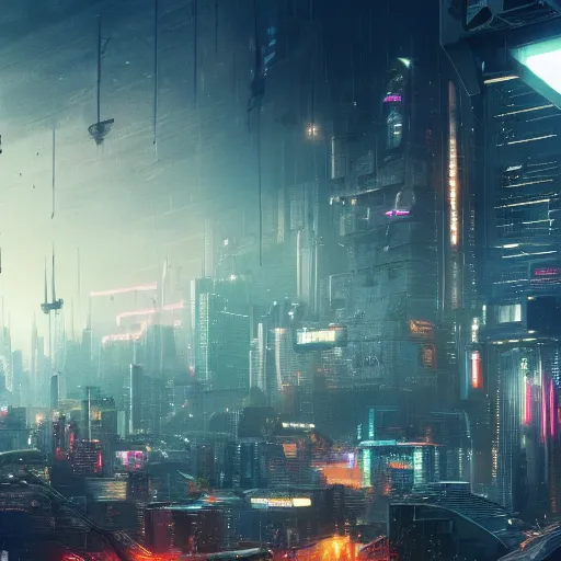 Prompt: cyberpunk dystopian city 8 k cinematic epic explosions kinetic energy art station landscape destruction award winning