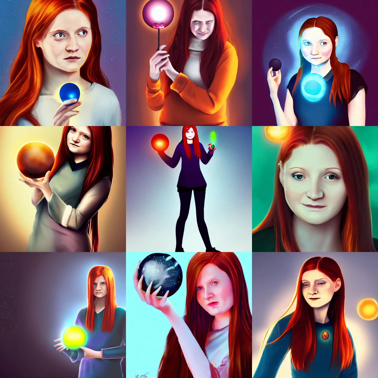 Prompt: Ginny Weasley/Bonnie Wright, holding a magical glowing energy ball in her hand, digital art, trending on ArtStation