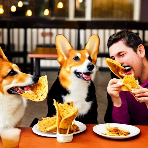 Prompt: A group of corgis eating taco in a Mexican restaurant, cinematic lighting, dramatic