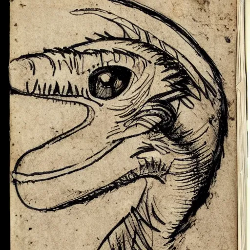 Prompt: field journal containing sketches and studies of velociraptors, by davinci