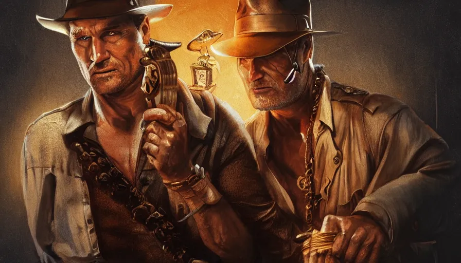 Image similar to dolph lundgren as indiana jones holding a whip in left hand and holding a golden mayan skull in the right hand, grey background, hyperdetailed, artstation, cgsociety, 8 k