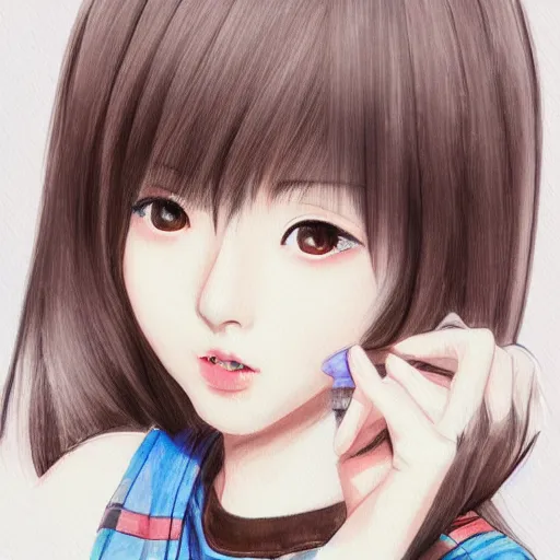 Prompt: a perfect, realistic professional digital sketch of a Japanese J-Pop idol girl in style of Pixar, by pen and watercolor, by a professional Chinese Korean artist on ArtStation, on high-quality paper