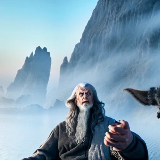 Prompt: Gandalf the Grey confidently taking a Selfie on the mountain, a balrog in the background looming,