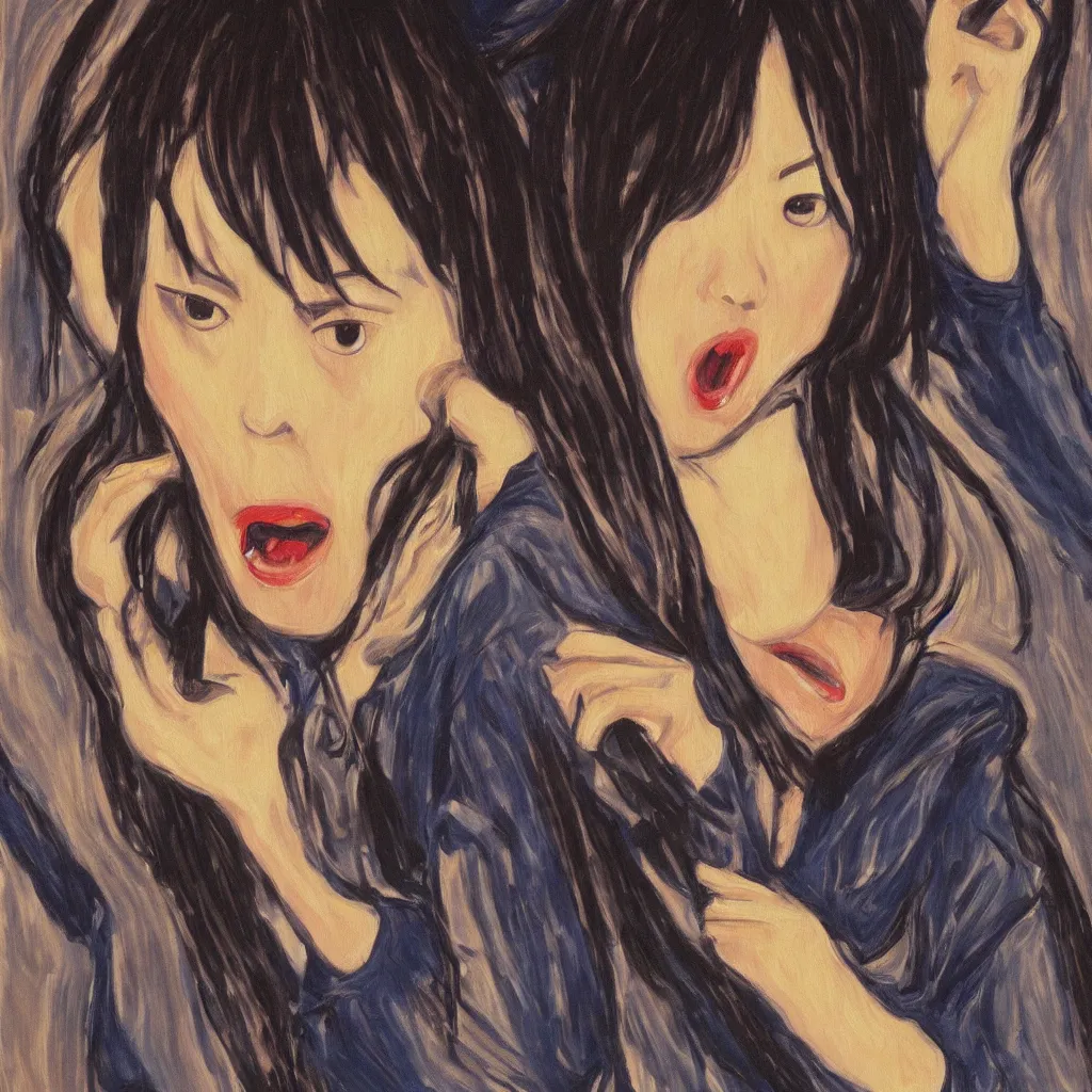 Image similar to an oil painting of yui hirasawa with the style of the scream by edvard munch