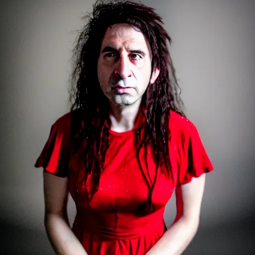 Image similar to Kevin Mitnick in a red dress, grungy, unkept hair, glowing eyes, modelsociety, radiant skin, huge anime eyes, RTX on, perfect face, vogue, directed gaze, intricate, Sony a7R IV, symmetric balance, polarizing filter, Photolab, Lightroom, 4K, Dolby Vision, Photography Award