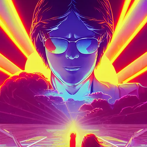 Prompt: the second coming of jesus wearing neon slotted sunglasses, art by dan mumford and yusuke murata and makoto shinkai and ross tran, cosmic, heavenly, god rays, intricate detail, cinematic, 8 k, cel shaded, unreal engine, featured on artstation, pixiv