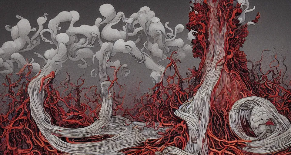 Prompt: a volcano made of ivory vines and crimson rocks enters in eruption, it spits a smoke in the shape of demonic eye, by james jean,