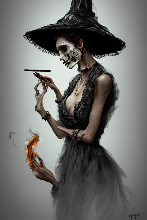 Prompt: Sad woman smoking a gigarette, wearing hat made of smoke and ashes, woman is partly draped with bones,fantasy, intricate, elegant, highly detailed, digital painting, artstation, concept art, smooth, sharp focus, illustration, art by Ilja Repin