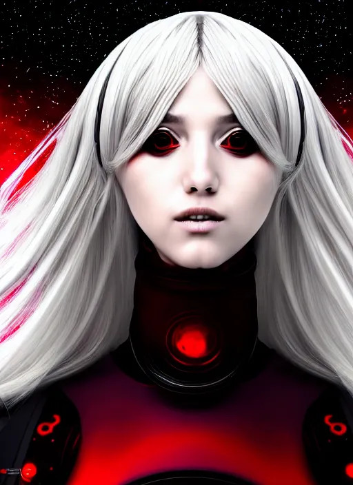Prompt: highly detailed portrait of a hopeful pretty astronaut lady with a wavy blonde hair, by Gareth Pugh , 4k resolution, nier:automata inspired, bravely default inspired, vibrant but dreary but upflifting red, black and white color scheme!!! ((Space nebula background))