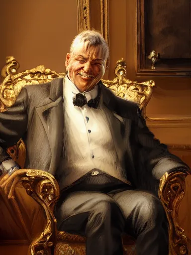 Prompt: a rich man smirking. relaxed in his chair with crossed arms. intricate, elegant, highly detailed, digital painting, artstation, concept art, sharp focus, illustration, by justin gerard and artgerm, 8 k