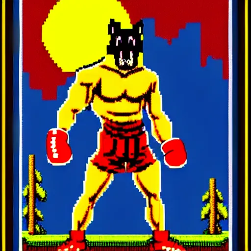 Image similar to full body portrait. 1 6 bit sega graphics. antropomorphic muscular masculine wolf, kickboxer fighter, in shorts, wolf head, in front of burning town at night. furr on body. 1 9 8 9