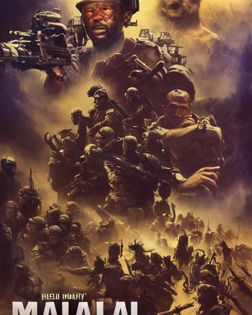 Image similar to Movie poster of the invasion of Mali, Highly Detailed, Dramatic, Heroes, A master piece of storytelling, wide angle, cinematic shot, Violent, highly detailed, cinematic lighting, by frank frazetta + ilya repin , 8k, hd, high resolution print