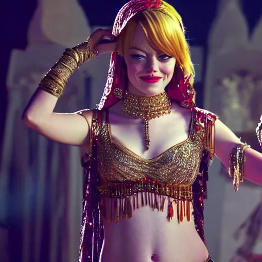 Image similar to a beautiful portrait of emma stone dressed as a belly dancer, arabian night, high quality, fully detailed, 4 k