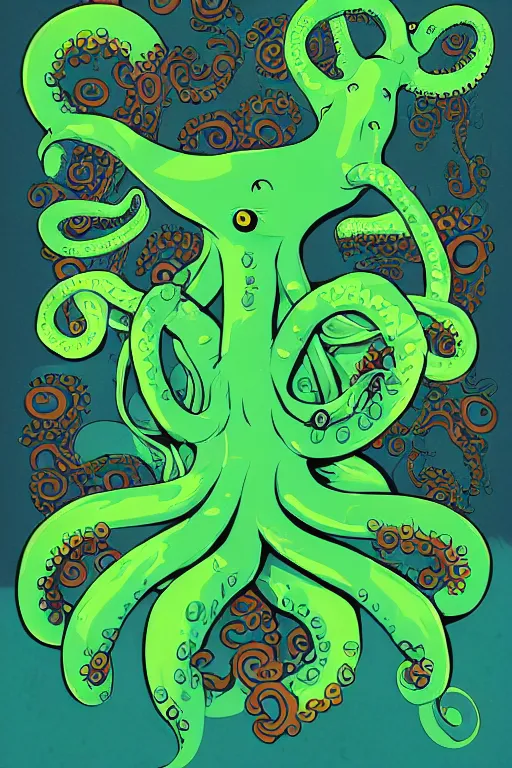 Prompt: a movie poster for the film (green octopus dancing with tentacles) by Tom Whalen, highly detailed, award winning creature portrait, fantasy, artstation