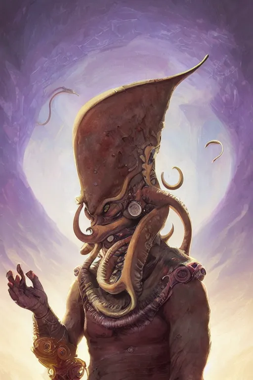 Image similar to portrait of the Plectronoceras cephalopod wizard wearing the epic artifact headgear by artgerm and Craig Mullins, James Jean, Andrey Ryabovichev, Mark Simonetti and Peter Morbacher 16k