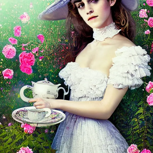 Image similar to on worn out canvas textured canvas wall full body fashion model emma watson smokey eyes makeup eye shadow fantasy, glow, shimmer as victorian woman in a long white frilly lace dress and a large white hat having tea in a sunroom filled with flowers, roses and lush fern flowers ,intricate, night, highly detailed, dramatic lighting , high quality